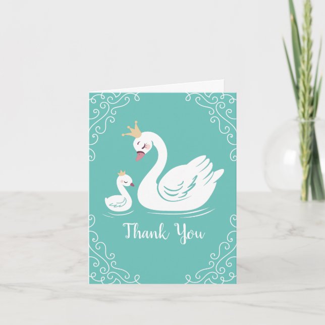 Swans Baby Shower Bird with Crown Theme Teal Thank You Card (Front)