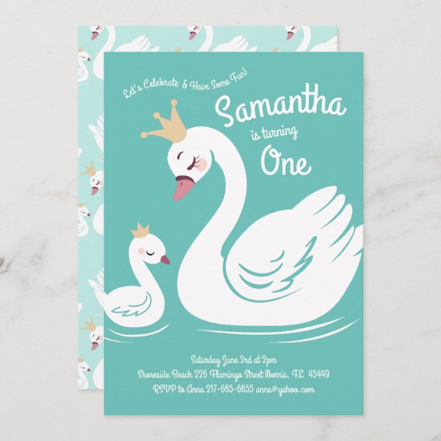 Swans Cute 1st Birthday Party Invitation (Front/Back)