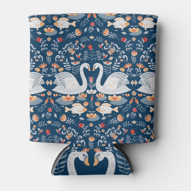 Swans, fish, flowers, folk pattern. can cooler (Front)