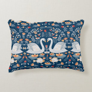 Swans, fish, flowers, folk pattern. decorative cushion