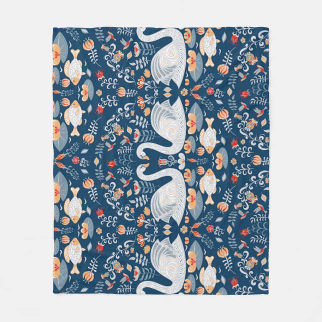 Swans, fish, flowers, folk pattern. fleece blanket (Front)