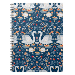 Swans, fish, flowers, folk pattern. notebook