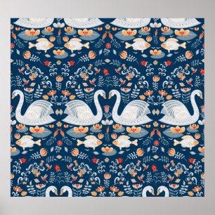 Swans, fish, flowers, folk pattern. poster