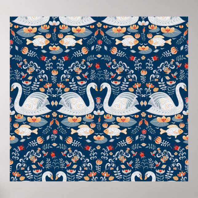 Swans, fish, flowers, folk pattern. poster (Front)