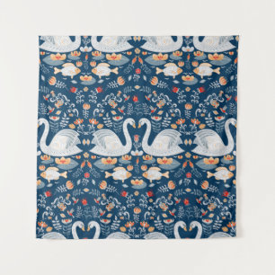 Swans, fish, flowers, folk pattern. tapestry