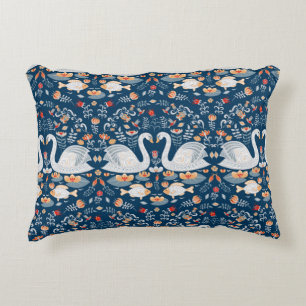 Swans,fish,flowers on a blue background. Decorativ Decorative Cushion
