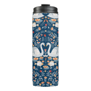 Swans,fish,flowers on a blue background. Decorativ Thermal Tumbler