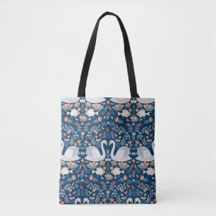 Swans,fish,flowers on a blue background. Decorativ Tote Bag