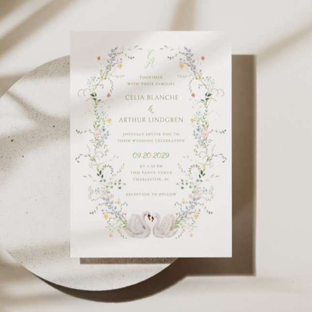 Swans Floral Frame Monogram Wedding  Invitation (Creator Uploaded)