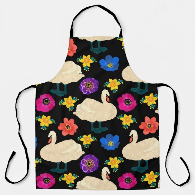 Swans, flowers, hand-drawn black background. apron (Front)