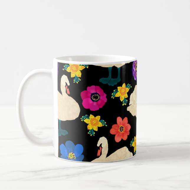 Swans, flowers, hand-drawn black background. coffee mug (Left)