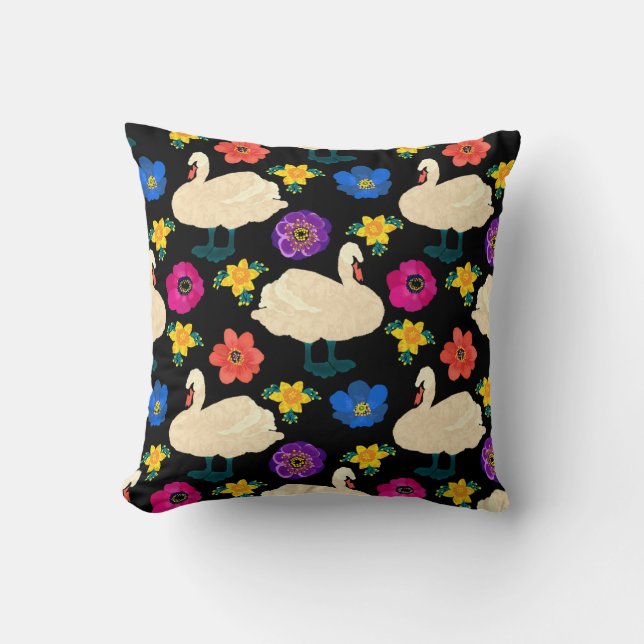 Swans, flowers, hand-drawn black background. cushion (Front)