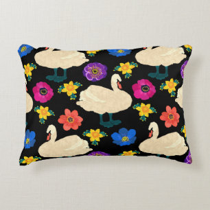 Swans, flowers, hand-drawn black background. decorative cushion