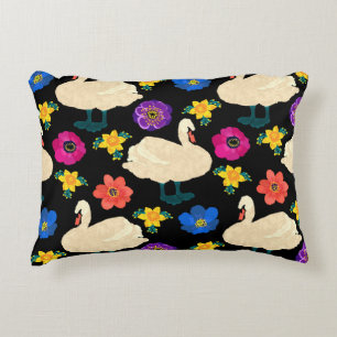 Swans, flowers, hand-drawn black background. decorative cushion