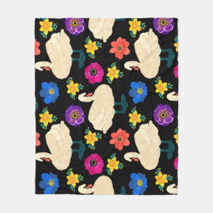 Swans, flowers, hand-drawn black background. fleece blanket