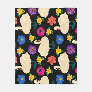 Swans, flowers, hand-drawn black background. fleece blanket