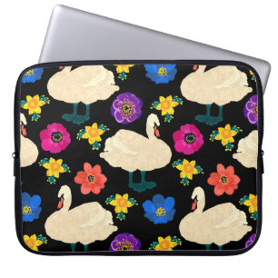 Swans, flowers, hand-drawn black background. laptop sleeve