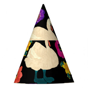 Swans, flowers, hand-drawn black background. party hat