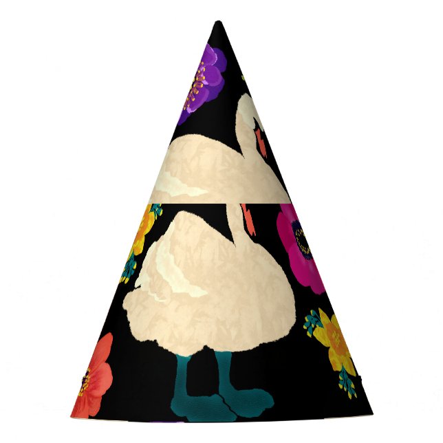 Swans, flowers, hand-drawn black background. party hat (Front)