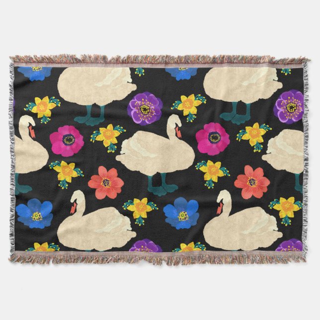 Swans, flowers, hand-drawn black background. throw blanket (Front)