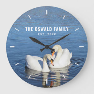 Swans in Blue Water Photograph Personalised Large Clock