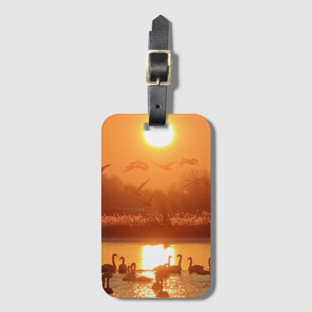 Swans in Lake at Sunset Luggage Tag (Front Vertical)