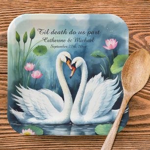 Swans In Love Watercolor Lotus Lake Wedding Paper Plate