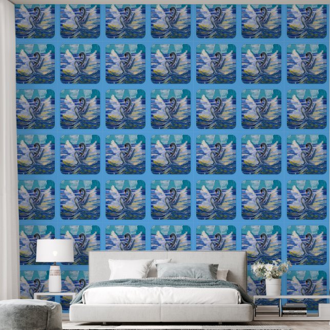 Swans in Sunrise Art by Kids Wallpaper (Bedroom)
