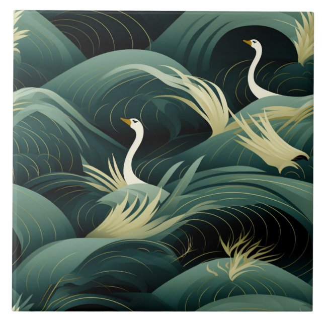 Swans in Waves, Chic Modern Design Ceramic Tile (Front)
