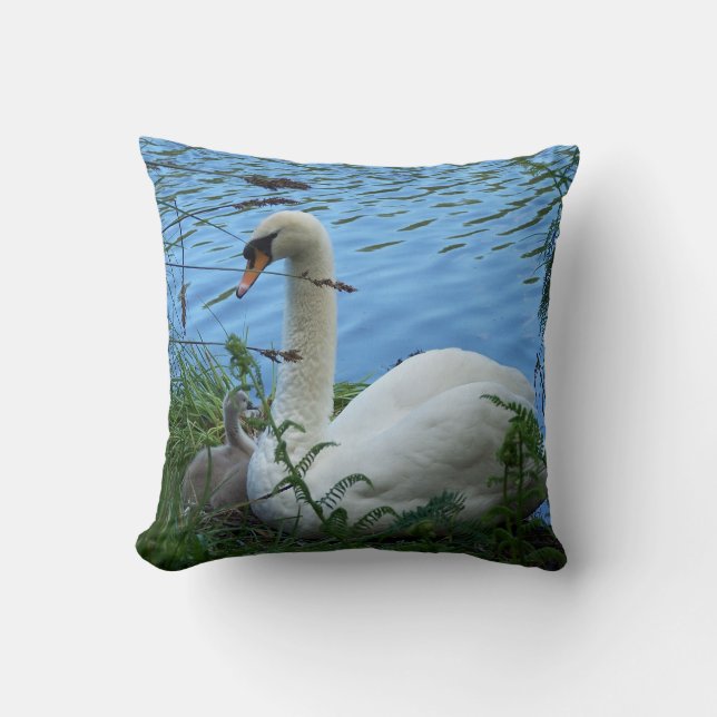 Swans Nest Mother Swan and Cygnet Baby Lake Cushion (Front)