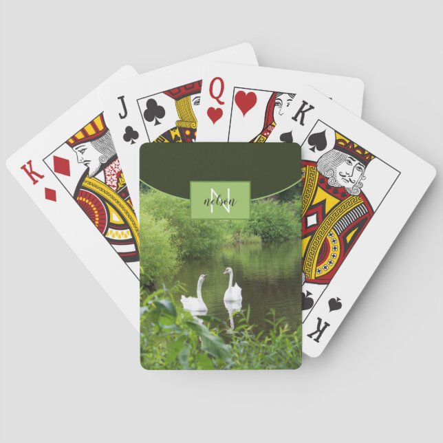 Swans on Lake Green Monogram Classic Playing Cards (Back)