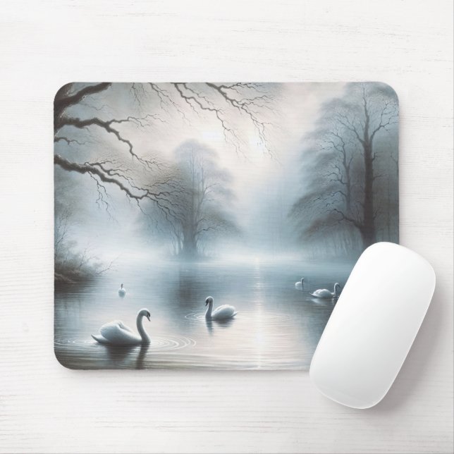 Swans On Misty Lake Mouse Pad (With Mouse)
