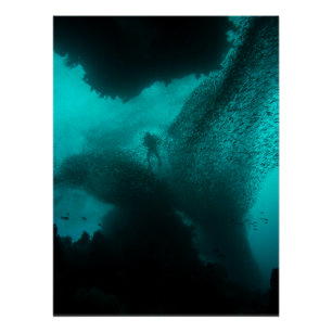 Swarm of the Deep – Diver & Fish School Ocean Poster