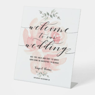 Swash Font Calligraphy Blush Pink Flower Wedding Pedestal Sign