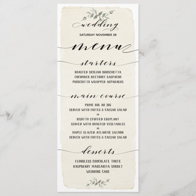 Swash Font Writing Calligraphy Rustic Wedding Menu (Front)