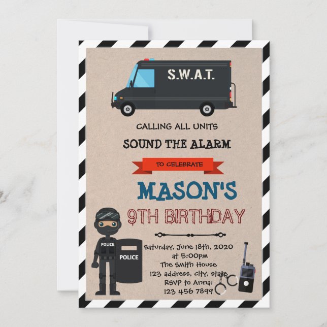Swat police birthday theme party invitation (Front)
