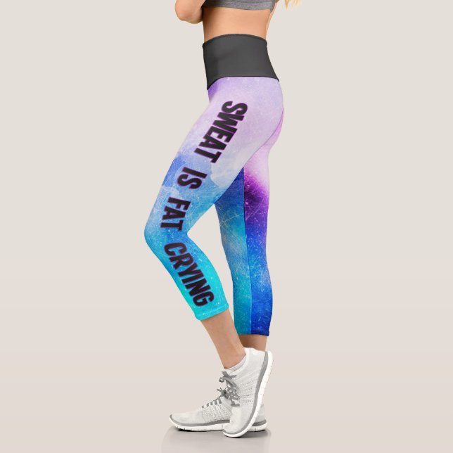 Sweat is fat crying blue and purple capri leggings (Left)