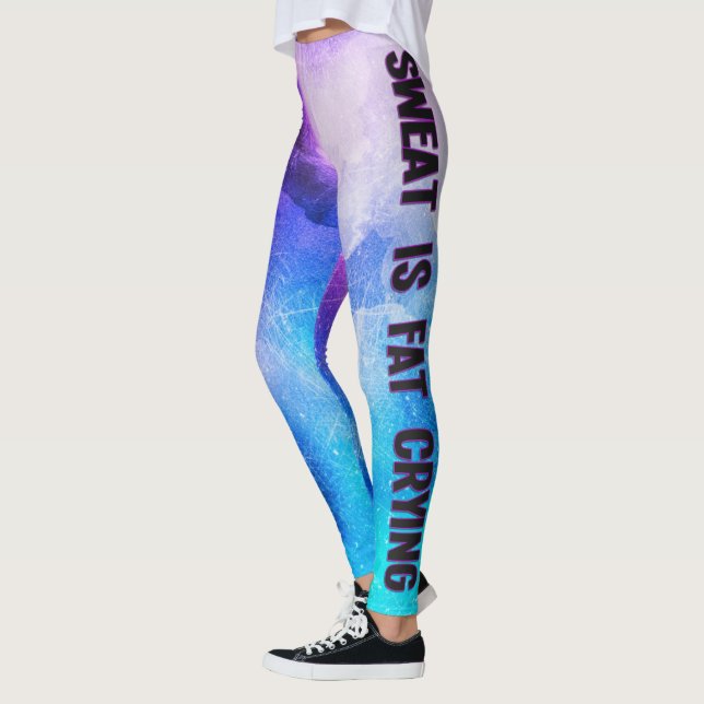 Sweat is fat crying blue and purple motivational leggings (Left)