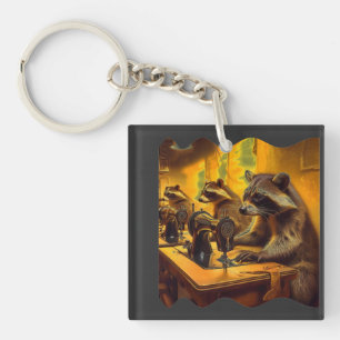 Sweat Shop Scene Raccoons Sewing On Old Machines Key Ring