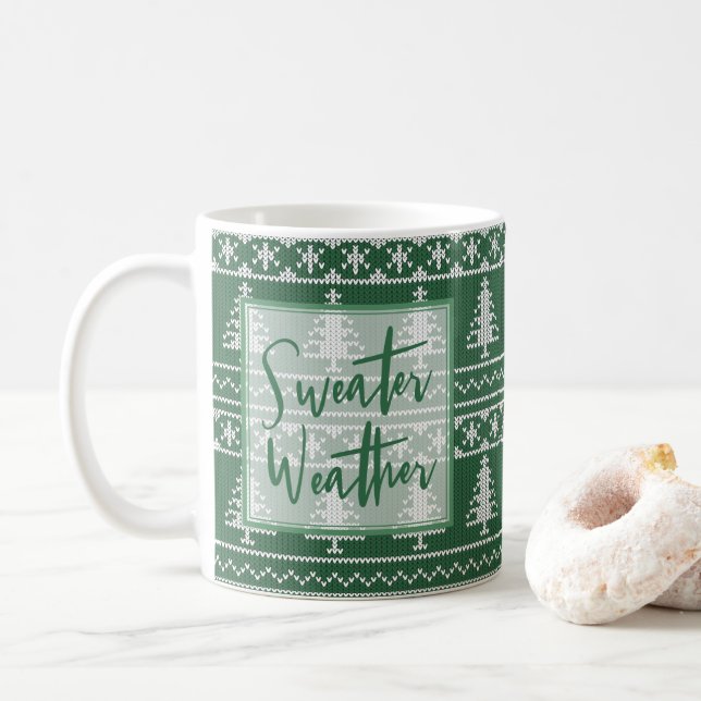 Sweater Weather Green Nordic Knit Christmas Coffee Mug (With Donut)
