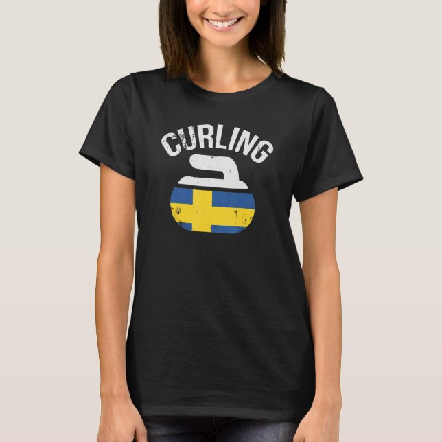 Sweden Blue Yellow and Cross Flag Curling Stone T-Shirt (Front)