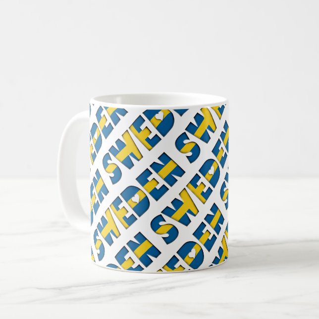 Sweden Flag Colours Typography Pattern Hearts Coffee Mug (Front Left)