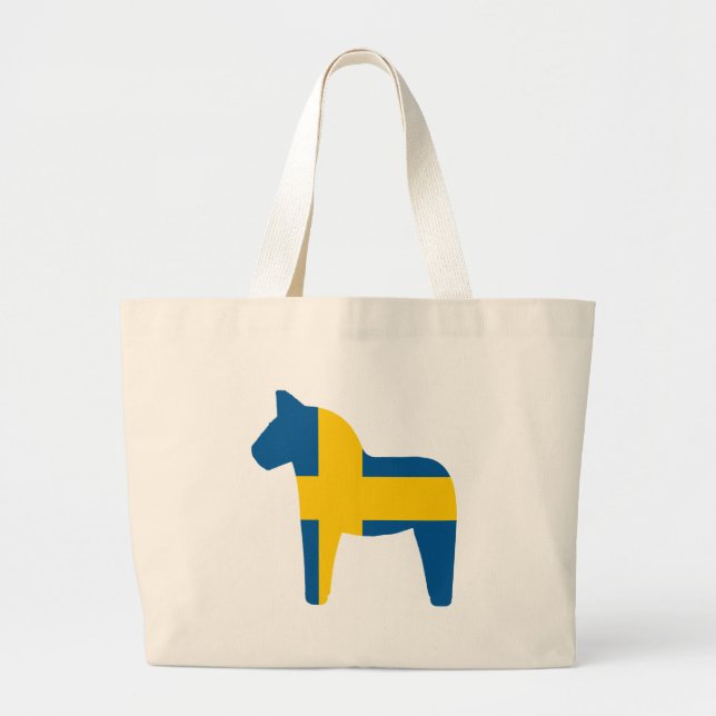 Sweden Flag Dala Horse Large Tote Bag (Front)