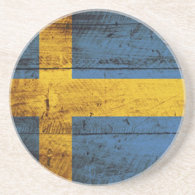 Sweden Flag on Old Wood Grain Coaster (Front)