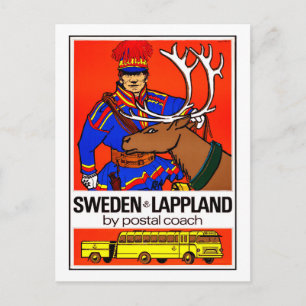 Sweden, lappland, postal coach, vintage, travel postcard