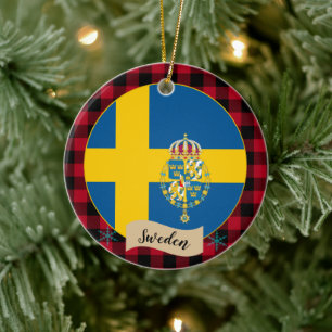 Sweden, Red buffalo plaid & Swedish Flag Ceramic Ornament