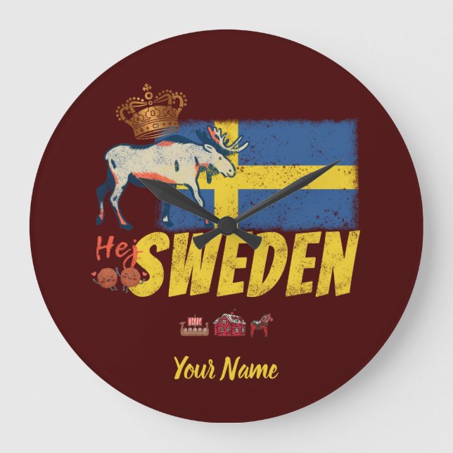 Sweden vintage flag and moose souvenir large clock (Front)