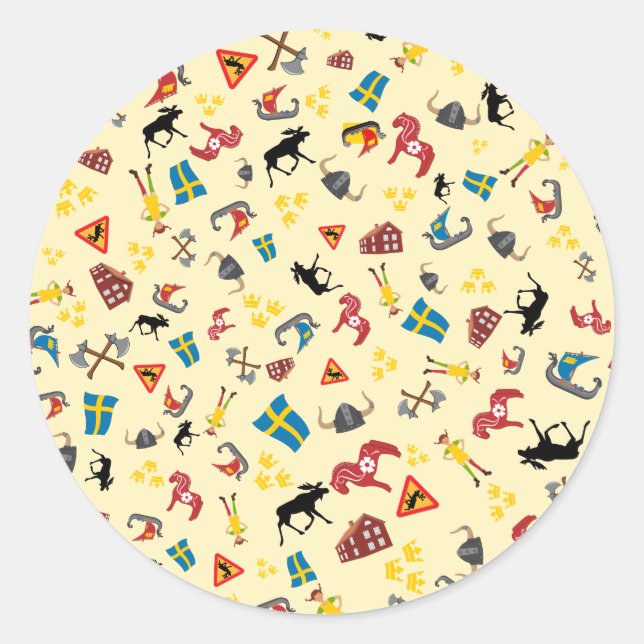 Swedish culture items on yellow background classic round sticker (Front)
