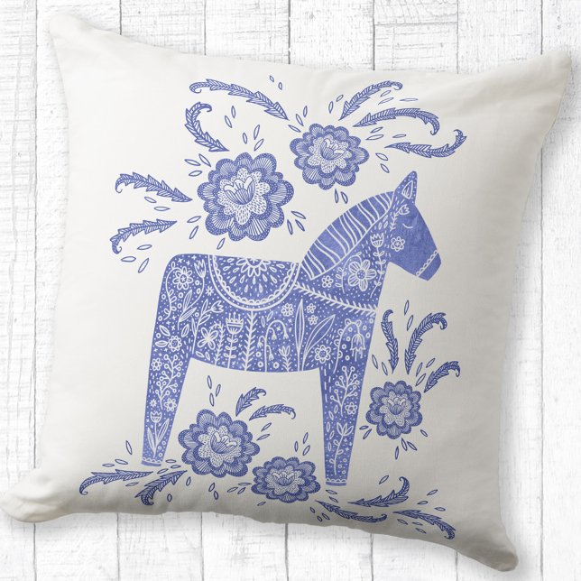 Swedish Dala Horse Art Periwinkle Blue Cushion (Swedish Dala Horse folk art blue and white throw pillow)