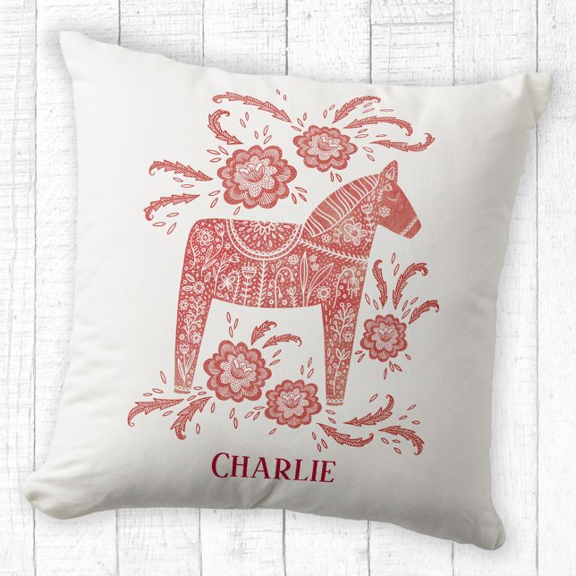 Swedish Dala Horse Art Personalised Cushion (Personalized name Swedish Dala Horse red and white pillow)